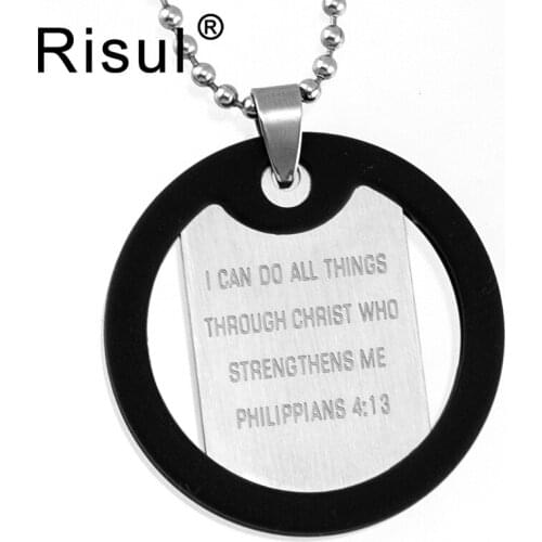 Risul black rubber Matte military tag engraved Philippians 4:13 brush polished 22x36mm tags Stainless steel necklace