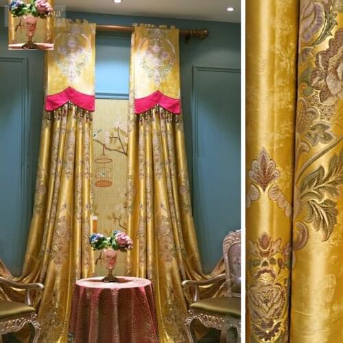 New Brand Custom Made Luxury Palace Golden Yellow Curtain Living Room Curtain Joyous Wedding Peony Jacquard Eco-Friendly Curtain