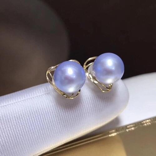 Fine Jewelry Pure 18 K Gold 1029 Natural Fresh Water Blue Pearl 8-7mm Stud Earrings for Women Fine Pearl Earrings