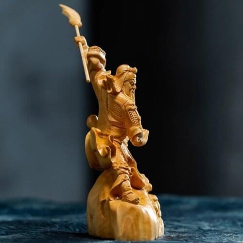 Estatua Guan Yu tres reinos Guandi estatua de Buda de madera maciza Feng Shui decoración tallado de boj Bodhisattva hogar Decora