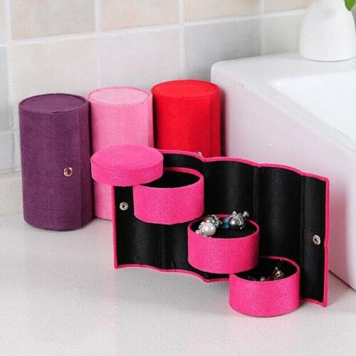 3Layer Rolling Jewelry Box Flannel Makeup Organizer Earrings Storage Box Portable Travel Cosmetic Case Round Jewelry Storage Bag