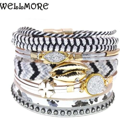 WELLMORE women shell bracelets Leather bracelets bohemia charm bracelets for women fashion jewelry drop shipping wholesale