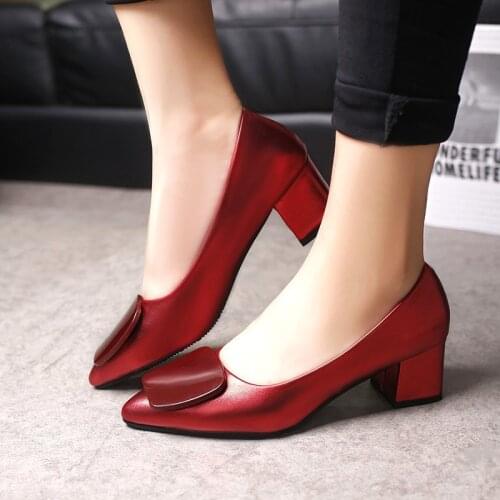 2021 Womens Heels Office Shoes Women Solid Color Fashion Block Heels Comfort Platform Mary Jane Vintage Slip On Shoes 34-41