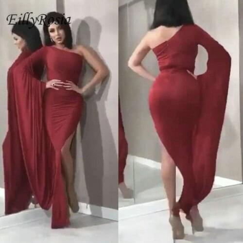 One Shoulder Long Sleeve Burgundy Evening Dress Sexy High Split Arabic Women Mermaid Evening Gowns for Celebrity Runway Party