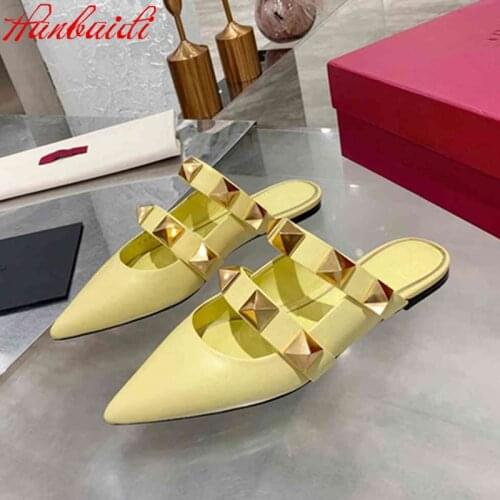 2021 Spring Women Slipper New Brand Rivet Ladies Sandal Slip On Pointed Toe Mules Shoes Thin Low Heel Casual Slides Oitfut Mule