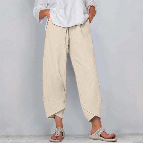 2021 Vintage Harem Pants Womens Cotton And Linen Pants Solid High Waist Elastic Waist Pants Plus Size Loose Irregular Trousers
