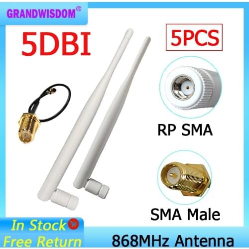 5pcs 868MHz 915MHz Antenna 5dbi RP-SMA Connector GSM 915 MHz 868 MHz antena antenne waterproof+21cm SMA Male /u.FL Pigtail Cable