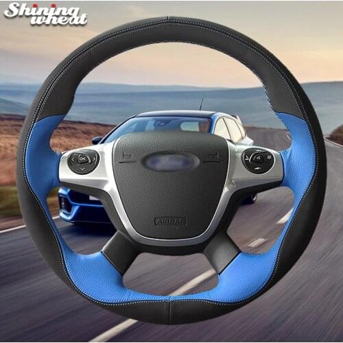 Shining wheat Black Blue Leather Car Steering Wheel Cover for Ford Focus 3 2012-2014 KUGA Escape 2013-2016 C-MAX 2011-2014