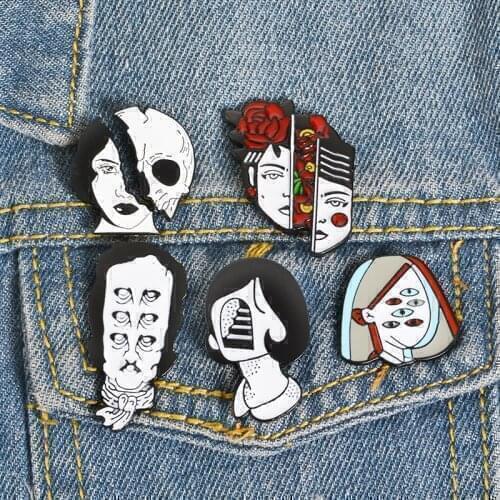 Split Face Pins Flower Face Lapel Pins Four Eyes Enamel Pin Halloween Punk Lapel Brooch Pins Weird Badges Gifts Wholesale