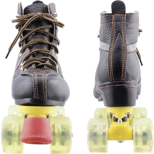 Men Women Flash Wheel Roller Skate Black Cowhide Leather Double Row Skate Boots Retro Balance Exercise Fitness Sport Shoes
