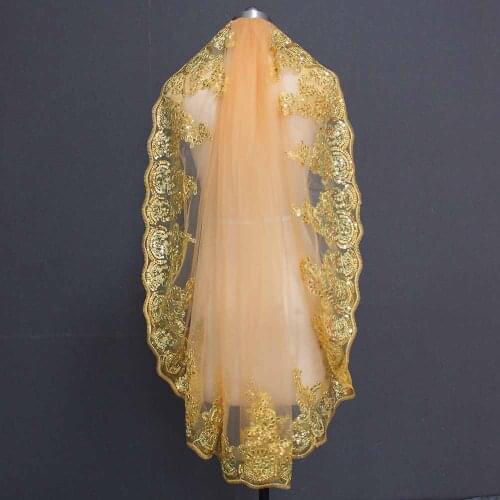 Gold Lace Appliques with Sequins Wedding Veil One Meter One Layer Bridal Veil Colorful Veil for Bride Velo de Novia