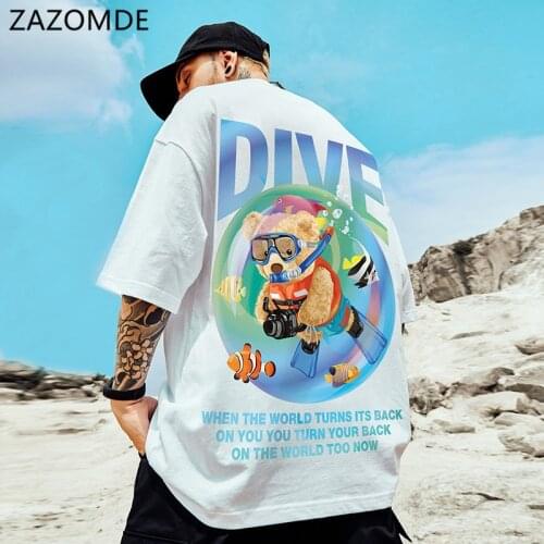 ZAZOMDE Cartoon bear print Men Short Sleeve Men High street Clothing Hip Hop Couples T-shirt Men Cotton Tshirt Oversized Tops