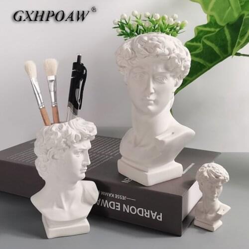 Human Face Art Vase David Sculpture Resin Pen Holder Desk Organizer Makeup Brush Organizer Flower Pots Vases Resin Craft Decor
