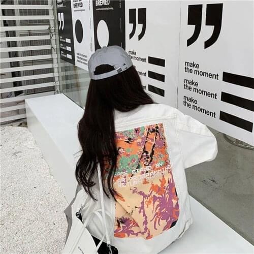 Korean Mid-length Denim Jacket Loose Vintage Print Jean Jacket 2021 Autumn Fashion White Cowboy Coat Casual Outerwear Streetwear