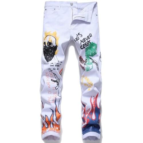 Hip Hop Graffiti Letter Print Straight Slim Jeans Men Flame Painting Trousers Fashion Streetwear Casual White Denim Pants