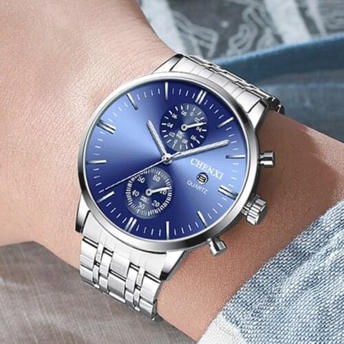 2020 CHENXI Watch Men Chronograph Watches Blue Dial Full Steel Auto Date Quartz Wristwatches Men Fashion Casual Business Watches