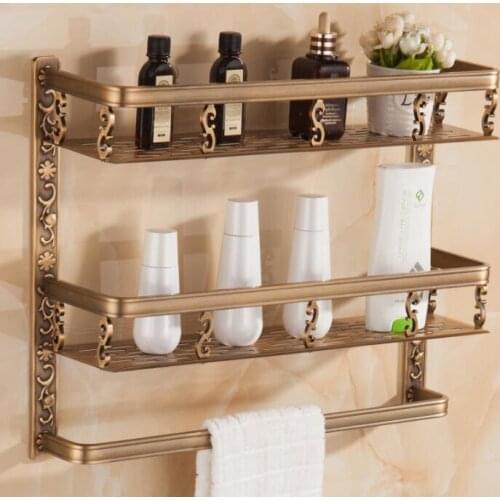 Wall Mounted Antique Space Aluminum Bathroom Shelf with towel rack and robe hooks Bath Shampoo shelf dual tiers Corner shelf