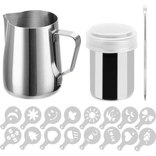 Stainless Steel Milk Frothing Pitcher 20Oz Coffee Shaker Duster Sugar Powder Cocoa Sifter with Cappuccino Coffee Stencil