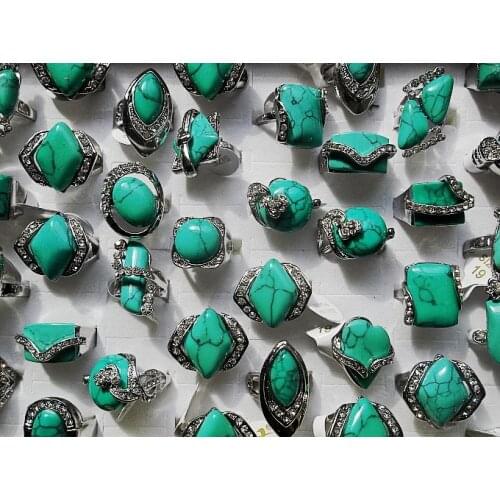 Wholesale Bulk 12Pcs Mixed Style Green Natural stone Alloy Zinc Retro Rings Band Wedding Engagement Xmas Gift Fashion