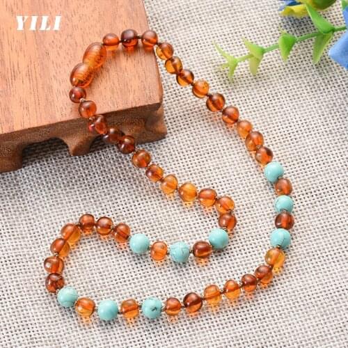 Wholesale Amber Teething Necklace for Baby Polished Amber Necklace Turquoise(Cognac) Ambers Beads Jewelry for Children