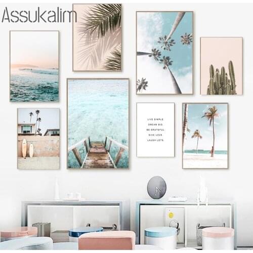Ocean Scenery Wall Art Canvas Painting Surfboard Print Palm Tree Poster Beach Prints Nodic Wall Pictures for Living Room Decor