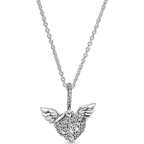 Authentic 925 Sterling Silver Pave Heart And Angel Wings Fashion Pendant Necklace Fit Pandora Women Bead Charm Gift DIY Jewelry