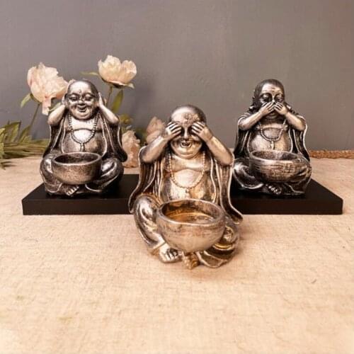 3Pcs Buddha Statues with Candle Holder Incense Burner Meditating Figurines Decor