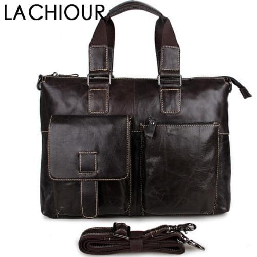 Lachiour Genuine Leather laptop bag Handbags Men Cowhide Crossbody Bag Mens Travel Shoulder Bag Male Leather Briefcases