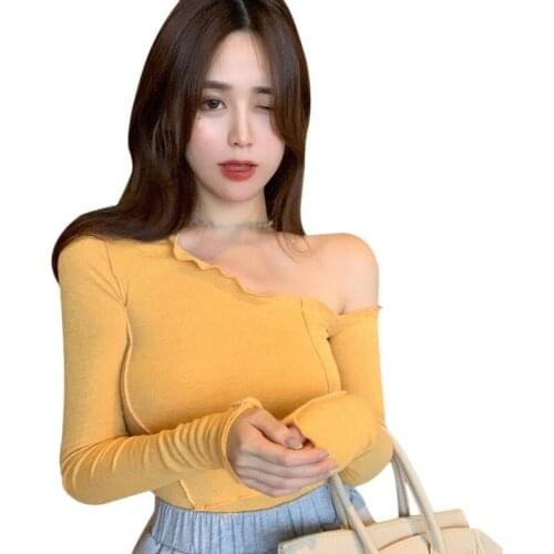 Womens Fashion Skew Collar Tshirt Solid Colour Sexy Slim Long-sleeved T-shirt Tops