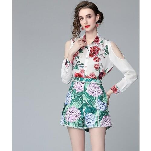 Menahem 2021 Women Off The Shoulder Long Sleeve Chiffon Flower Shirt Top + Pocket Hydrangea Print Green Shorts Two Piece Set