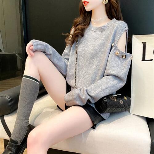 Sexy Off Shoulder Sweaters Women Fashion Beading O-Neck Long Sleeve Female Pullover Autumn Solid Lady Knit Sweater Sueter Mujer
