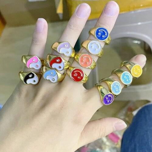 10Pcs 2021 Latest Design Gold Plated Metal Yin and Yang Rings Colorful Enamel Heart Women Jewelry Bijoux Accessories