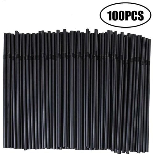 100Pcs Disposable Plastic Drinking Straws Black Long Flexible Wedding Party Supplies Plastic Drinking Straws Kitchen Accessories
