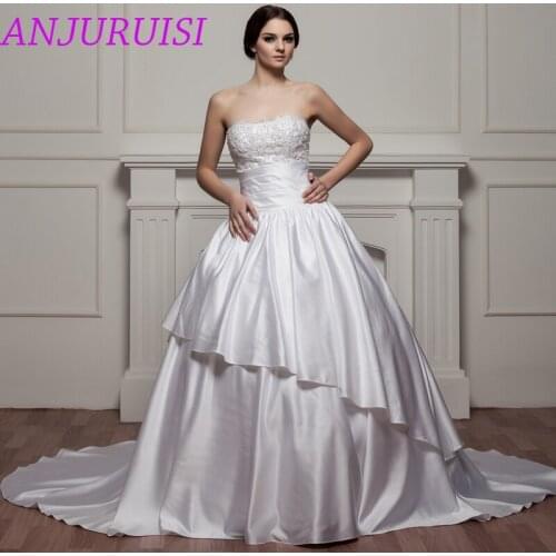ANJURUISI Strapless Appliques Beaded A Line Wedding Dresses 2020 robe de mariage Satin Bridal Dress 2019 Pleat Vestido De Novia