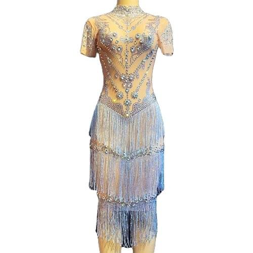 Shining Diamonds Long Tassel Backless Women Dresses Mesh Perspective Tight Stretch Short Dresses Nightclub DJ Singer Dance Wear