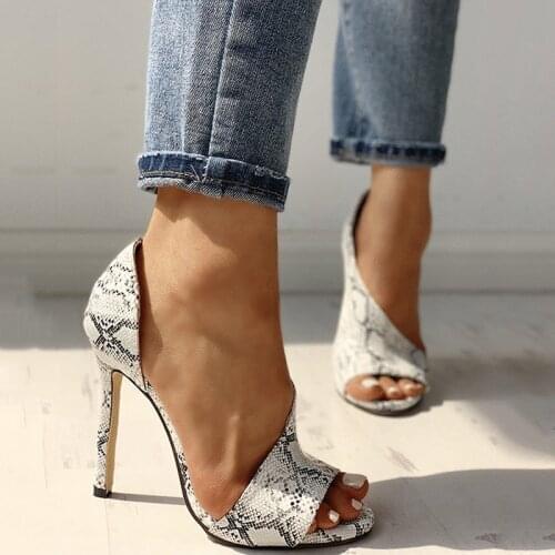 Sexy Woman Sandals PU Sexy Summer Snake Printed Slip On Female Thin High Heels Shoes Gladiator Fish Mouth Front Rear Strap