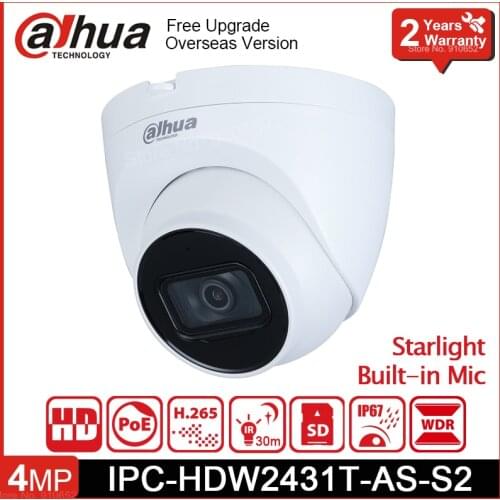 Dahua IPC-HDW2431T-AS-S2 4MP IR 30m Built-in Mic Fixed-focal Eyeball Dome Network Camera H.265 POE SD Card Slot Indoor IP Camera