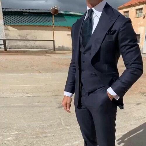 Business Navy Blue Men Suits for Wedding Groom Tuxedo Man Jacket Wide Peaked Lapel Costume Homme Groomsmen Terno Masculino