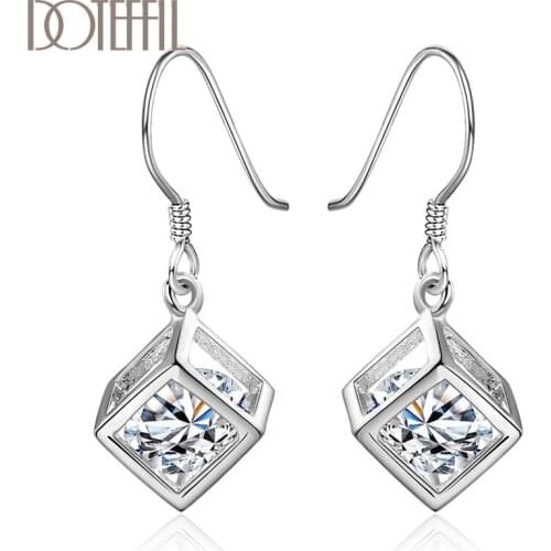 DOTEFFIL 925 Sterling Silver Square AAA Zircon Earrings Charm Women Jewelry Fashion Wedding Engagement Party Gift