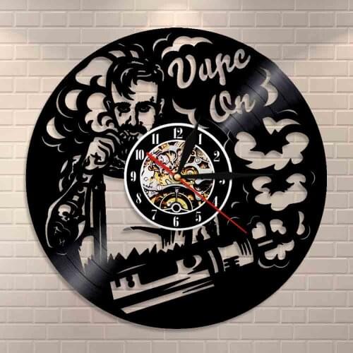 Vape Shop Wall Sign Logo Wall Clock Electronic Cigarette Vinyl Record Clock Vaporizer Vape Cafe Smoke Shop Wall Decor Vape Gift