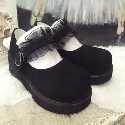 French suede lace Retro Black Matte shoes Japanese heavy bottom large head Lolita girls' shoes