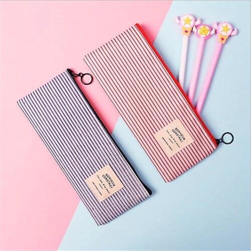 Simple Stripe Letter Pencil Bag Stationery Cosmetic Storage Bag School Supplies Zipper Pen Pouch Canvas Pencil Case Student Gift