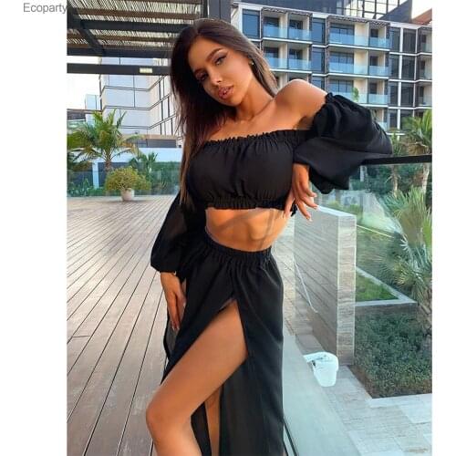 Women Mesh Sheer Bikini Cover-ups Set See-through Long Sleeve Crop Tops and Cover Up Skirts Two Piece Swimwear Beach Dresses