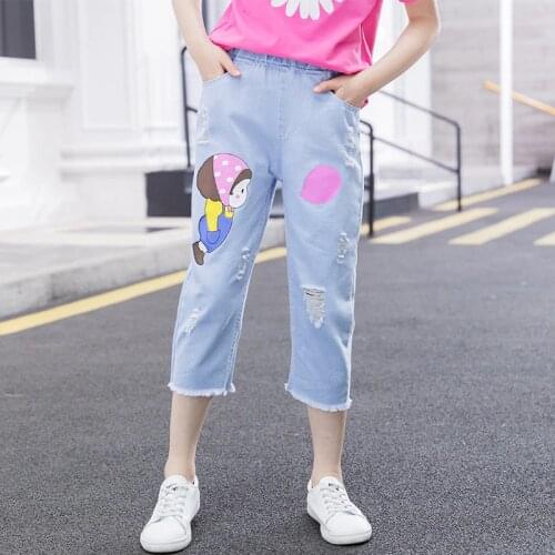 Teen Girls Summer Denim Cropped Trousers Ripped Jeans Korean Fashion Printed 2021 Older Childrens New Pants Wholesale