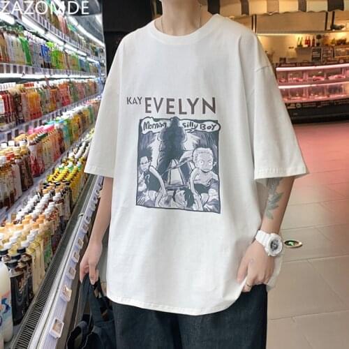 ZAZOMDE 2021 Summer Men Clothing T-Shirt Print Little Boy Japanese Style Anime O-neck Loose Oversize Cotton Tops Male