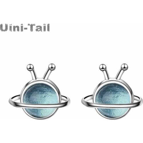 Uini-Tail hot new 925 sterling silver blue planet stud earrings simple fashion small cute dynamic planet jewelry high quality