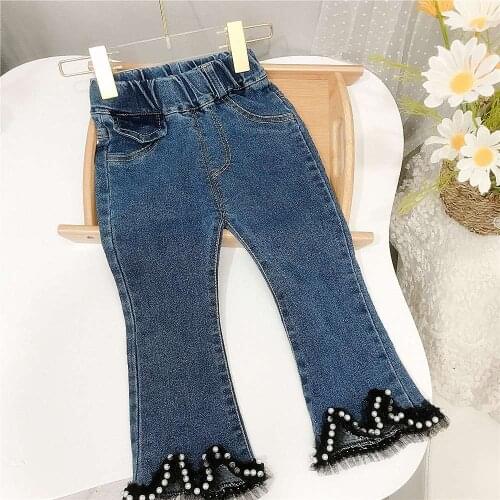 Fashion Girls Kids Princess Jeans Flare Pants Spring Autumn Long Children Baby Lace Beaded Denim Pant Trousers S12091