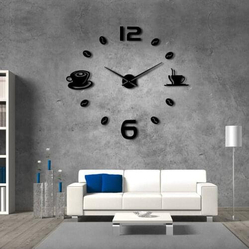 Cafe DIYS Silent Large Wall Clock Frameless Wall Clock Modern Design Cafe Coffee Mug Coffee Bean Wall Decor Kitchen Wall Watch