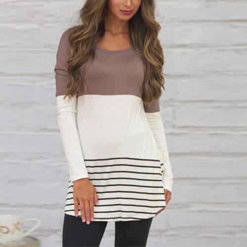 Fall and Winter Hot Selling Back Lace Colour Stripe Stitching Long Sleeve T-shirt Casual O-Neck Color Block Women T-shirts