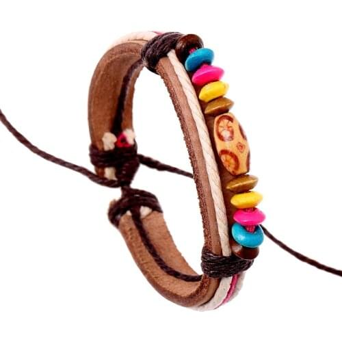 Colorful Natural Wood Beads Bracelets Genuine Leather Adjustable Bracelet Handmade Hemp Rope Vocation Bangles Wife/Girlfriend